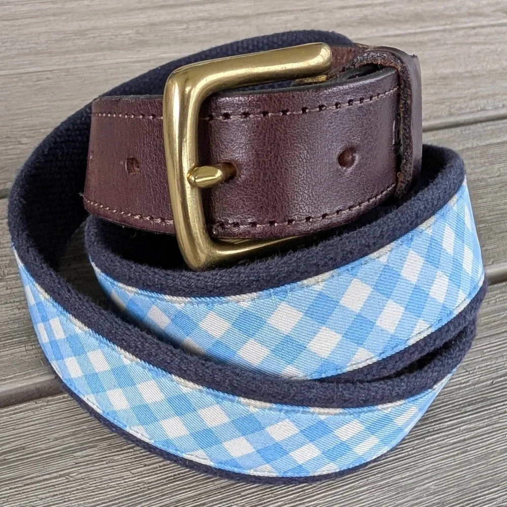 Vineyard Vines Mens Gingham Canvas Club Belt Brown Leather Brass Buckle Size 38